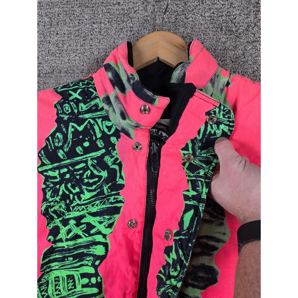 Vintage Quiksilver Mens Neon Pink Green Abstract Print Full Zip Jacket XL Puffer - Picture 8 of 16